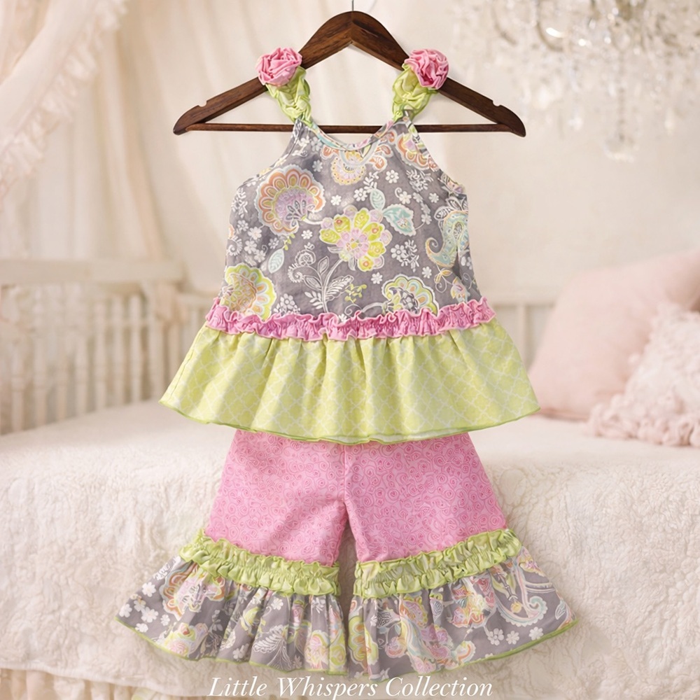 Boutique Girls 4T Floral Ruffle Tank & Bell Bottom Set Pink Green Paisley